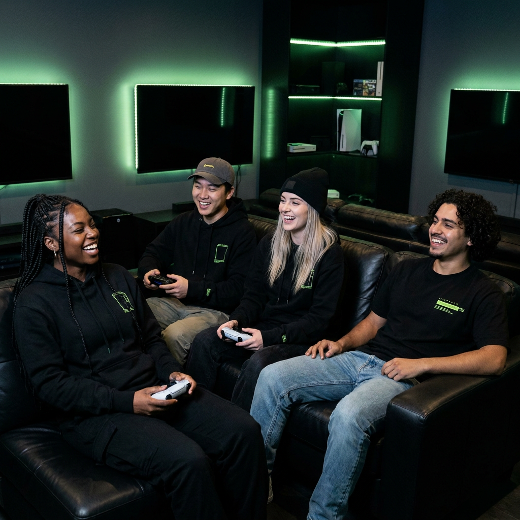 A diverse group of four young-adult gamer friends playing together in a neon-lit lounge